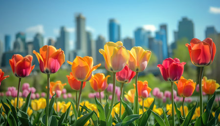 Tulips in front of a city skyline, clear sky, vibrant colors, lowangle shotの素材