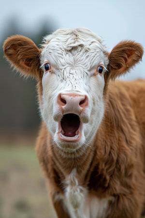 Surprised cow with open mouth, neutral background, closeup, expressiveの素材