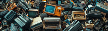 Pile of ewaste and old electronics, chaotic and cluttered, environmental issueの素材