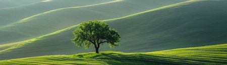 Lone tree on green rolling hills, soft sunlight, serene landscape, wide shotの素材