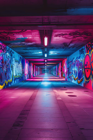 Spacious underground parking with colorful graffiti and vibrant lightingの素材