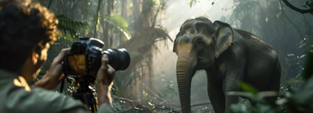 Photographer capturing an elephant in a dense jungle, natural light and greeneryの素材