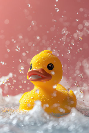 A bright yellow rubber duck brings a touch of joy and nostalgia as it floats in a mini bathtub with splashing waterの素材