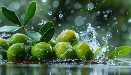 A Green olives fresh from the tree make a splash in water, symbolizing freshness and purityの素材