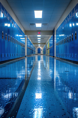 A long, empty school hallway lined with neat rows of blue lockers reflects the quiet moments between classesの素材