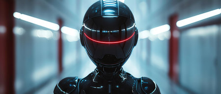 A futuristic cyborg figure with a reflective helmet standing in a sleek, hightech scifi corridorの素材