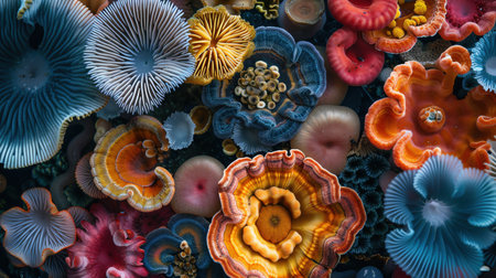 A microscopic closeup view of vibrant fungi structures with diverse shapes and colorsの素材