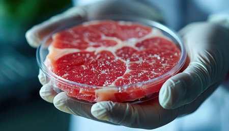 A scientists hands carefully holding a labgrown meat sample in a Petri dish, signifying advancements in cultured meat technologyの素材