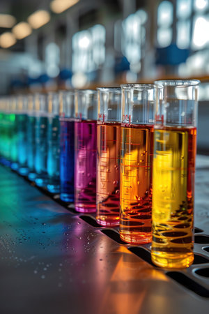 A row of test tubes containing colorful chemical solutions, ready for scientific experiments in a bright laboratory settingの素材