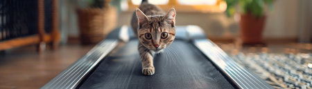 A domestic cat strides purposefully on a treadmill, an amusing depiction of pet fitness within a cozy home settingの素材