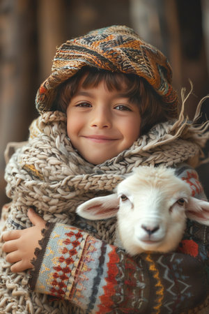 Smiling boy in traditional dress hugging a lamb, outdoorsの素材