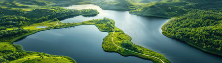 Serene lake with lush green islands, winding road, soft lightの素材