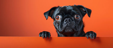 Pug peeking over an orange surface, orange background, wideeyedの素材