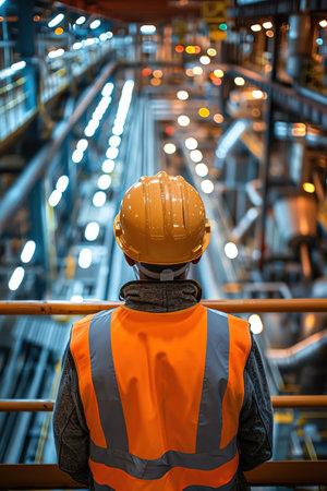 Worker in hard hat and vest, overseeing a large factory, bright industrial lightingの素材