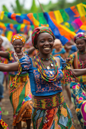 Women dancing in colorful traditional attire, outdoor festivalの素材
