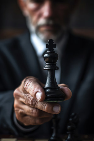 A businessman strategically moving the king chess piece, embodying leadership and decisionmaking skillsの素材