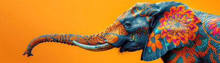 A creatively designed colorful elephant with intricate patterns stands out against an orange backgroundの素材