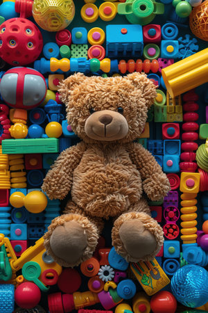 A soft teddy bear sits amidst a collection of vibrant childrens toys, suggesting a playful and nurturing environmentの素材