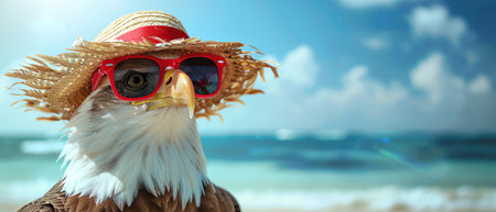 Bald eagle with a straw hat and red sunglasses, tropical beach settingの素材