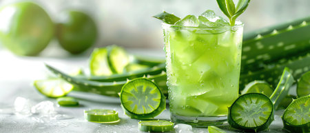 Aloe vera drink with fresh aloe slices, white backgroundの素材