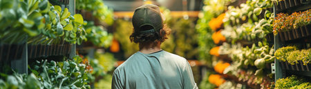An urban farmer meticulously cares for a lush vertical hydroponic garden, representing sustainable and modern agricultureの素材