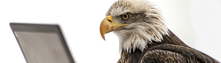 Bald eagle using a laptop, white background, focused expressionの素材