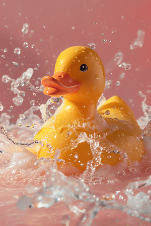 A bright yellow rubber duck brings a touch of joy and nostalgia as it floats in a mini bathtub with splashing waterの素材