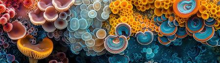 A microscopic closeup view of vibrant fungi structures with diverse shapes and colorsの素材