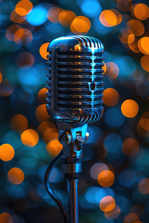 A vintage microphone against a background of colorful bokeh lightsの素材