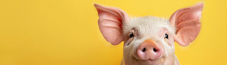 Pig with a surprised expression, yellow background, closeupの素材
