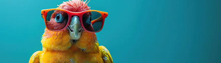 Yellow bird with spiked feathers, wearing sunglasses, teal backgroundの素材