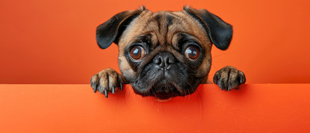 Pug peeking over an orange surface, orange background, wideeyedの素材