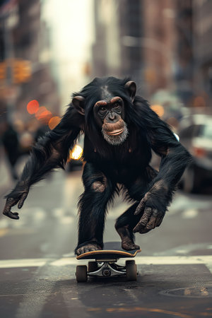 A monkey on a skateboard traversing a busy urban street, creating a surreal sceneの素材