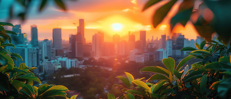 City skyline at sunset, framed by lush green leavesの素材