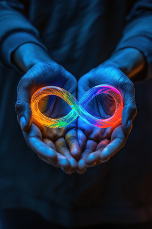 Two hands holding a rainbow infinity symbol, symbol of inclusionの素材