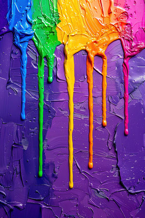 Vibrant, dripping rainbow paint on a purple background, artistic and colorfulの素材