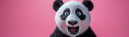 Surprised panda face, closeup, pink background, wide eyes, open mouthの素材
