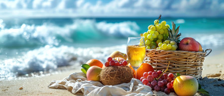 Beach picnic with fruits and drinks, sea waves in the backgroundの素材