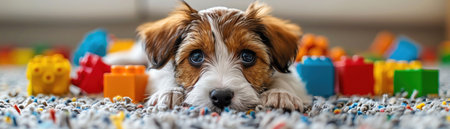 A cute puppy lying on a carpet surrounded by colorful toy blocks, looking directly at the cameraの素材