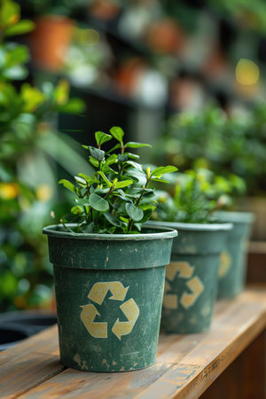 Ecofriendly plant pots with recycling symbol, fresh greenery, blurred backgroundの素材