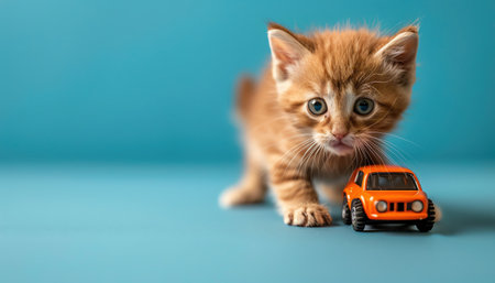 Kitten playing with toy car, blue background, playful momentの素材