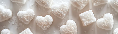 Heartshaped sugar cubes on white, topdown view, bright and minimalistの素材