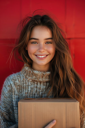 Smiling girl holding a box, standing against a red backgroundの素材