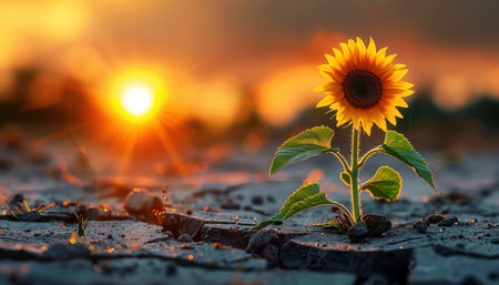 Single sunflower growing through cracked pavement, urban setting, sunsetの素材