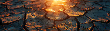Closeup of dry, cracked earth under a blazing sun, symbolizing the impact of heatwaves on our planet, in dramatic lightingの素材