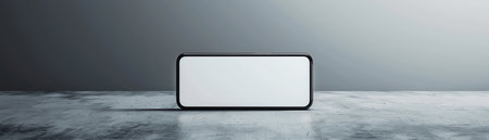 A smartphone with a large blank screen displayed on a simple, minimalist grey backgroundの素材