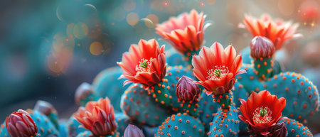 Cactus with vibrant red flowers, soft background, macro shot, natural lightの素材
