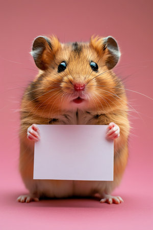 Cute hamster holding blank sign, pink background, playful expressionの素材