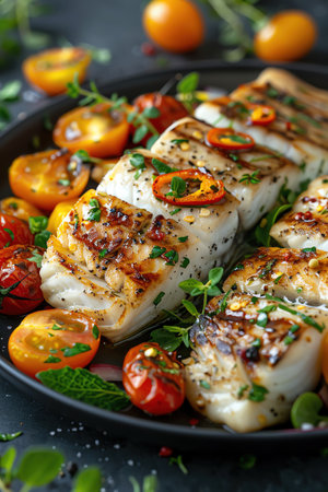 Grilled fish fillets on salad, cherry tomatoes, herbs, closeup, appetizingの素材