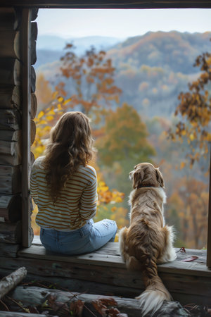 Woman and dog enjoying mountain view from a cabin, sereneの素材